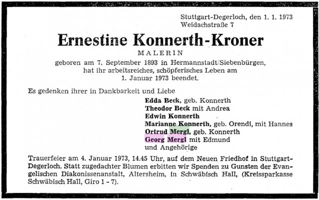 Kroner Ernestine 1893-1973 Todesanzeige (1)